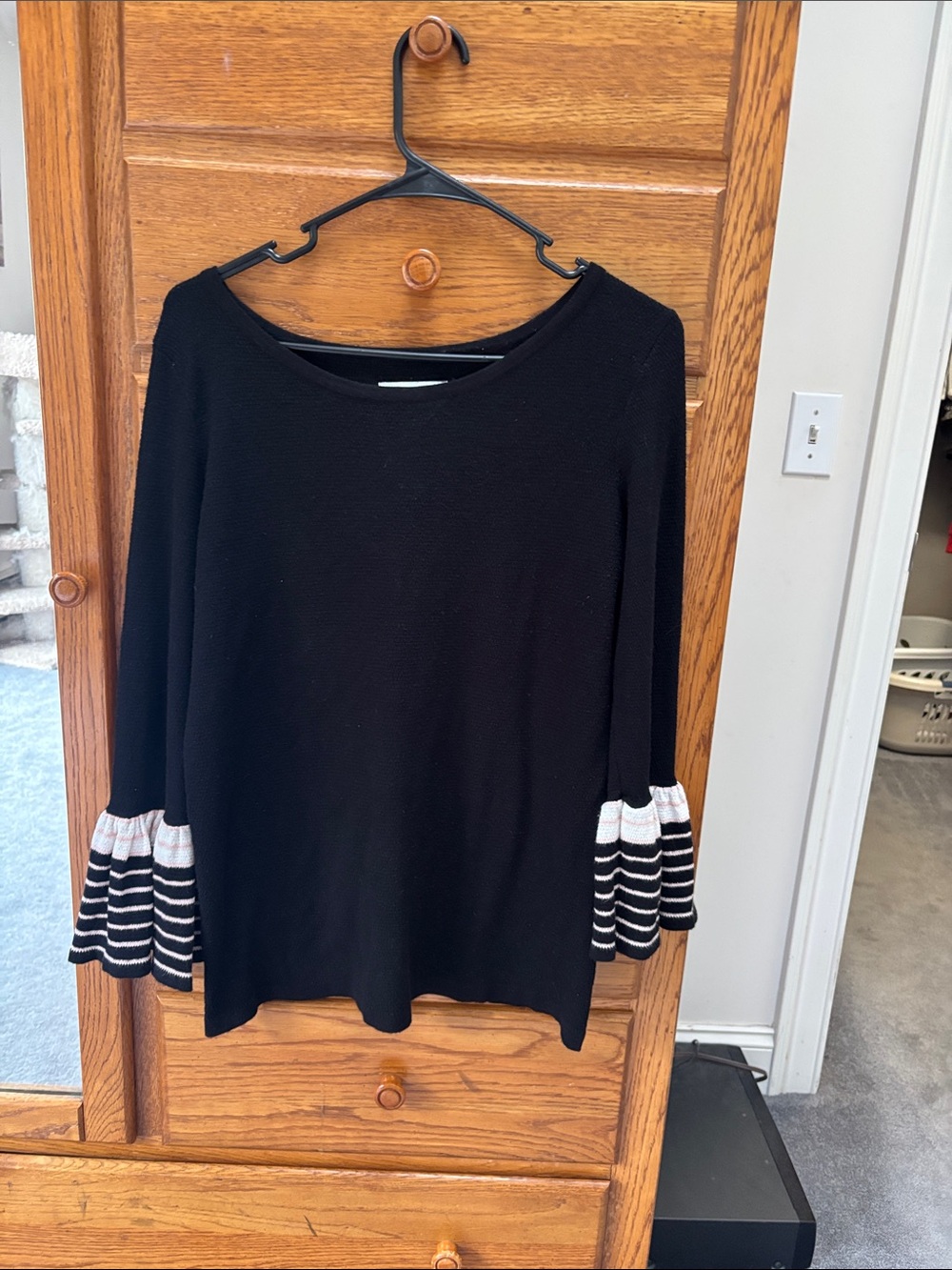 Elle Black Knit Top with Black and White Striped Ruffle Sleeves